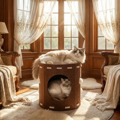 ragdoll allongé dessus cocon pour chat autre chat lové dedans