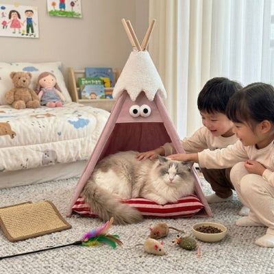 ragdoll detendu dans tipi pour chat rose enfants le caressant