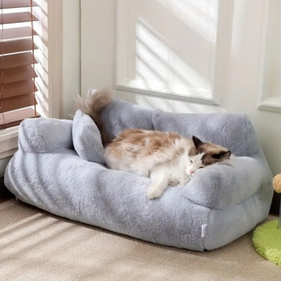 ragdoll endormi sur coussins pour chats gris clair