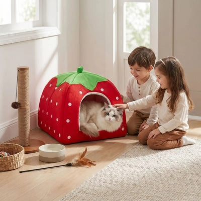 ragdoll relaxant dans niche pour chat enfants le caressant tendrement