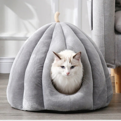 ragdoll relaxant dans une des niches pour chat gris taupe
