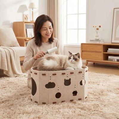 ragdoll relaxant sur cocon pour chat femme tenant rouleau adhèsif