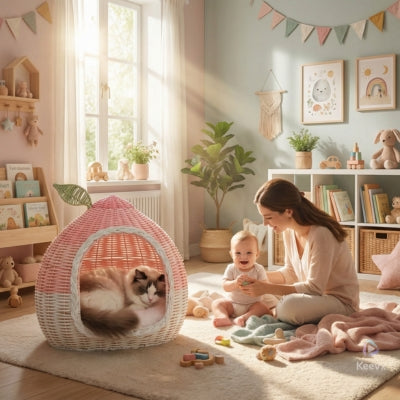 ragdoll relaxe panier pour chat en osier maman joue avec bébé