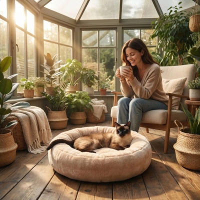 siamois allongé sur couffin pour chat maîtresse buvant café