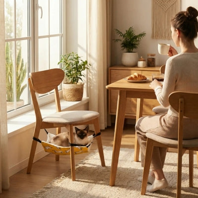 siamois detendu hamac à chat accroché pieds chaise femme attablée