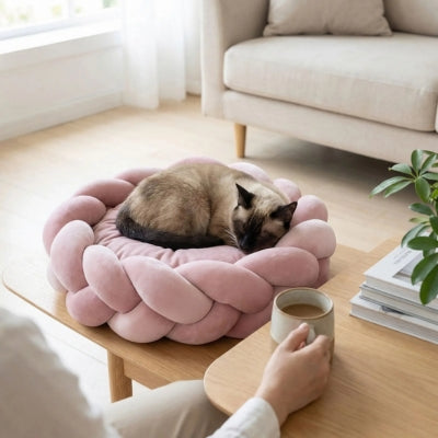 siamois dort dans couffin pour chat maître prend café à côté