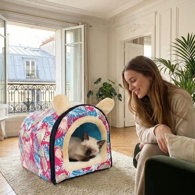 siamois dort dans nid chaton matresse le regardant tendrement