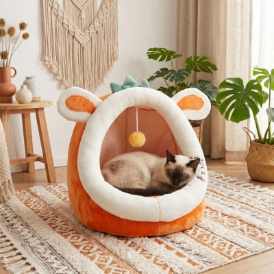 siamois endormi dans niche chats  orange