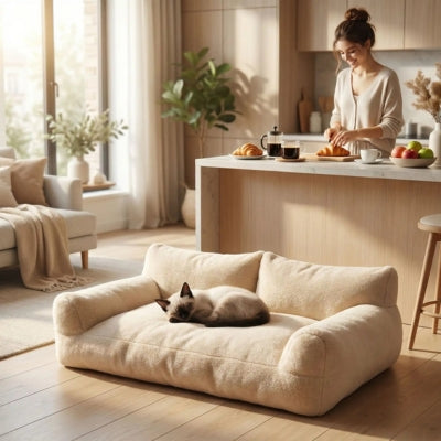 siamois enroulé dans lit pour chaton maîtresse prépare déjeuner