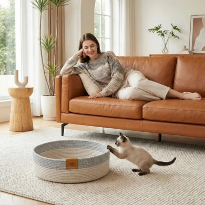 siamois griffe son panier chatons maîtresse le regarde