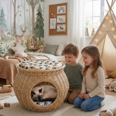 siamois lové panier chat osier enfants le regardant