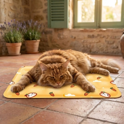  tapis frais pour chat jaune carottes maine coon detendu dessus