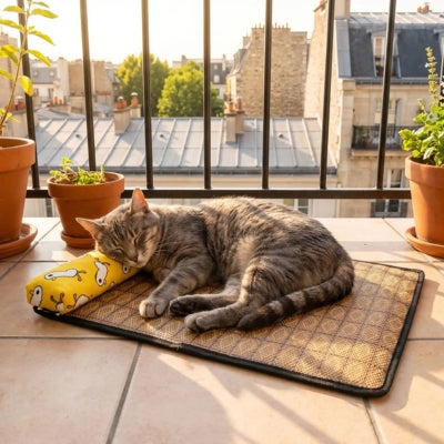 tapis rafraîchissant chat balcon chat tigré endormi dessus