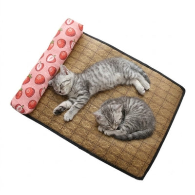 tapis rafraîchissant chat rose fraises chatons tigrés endormis dessus 
