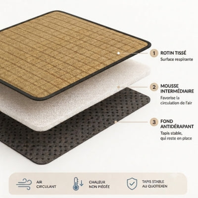 tapis rafraîchissant chat schéma 3 couches rotin mousse antidérapant