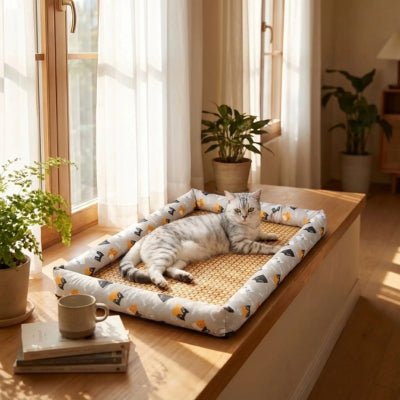 tapis rafraichissant chat tigré rebord fenêtre matin