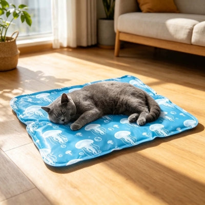 tapis refroidissement chat chartreux dort profondement dessus