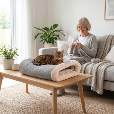 toyger relaxant sur dessus niche chat maîtresse tricote