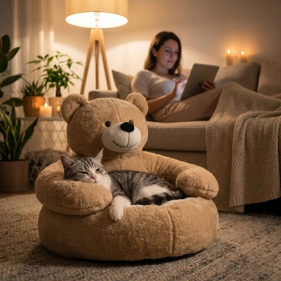 un des coussins chat Câlinourson beige avec chat endormi soirée détente